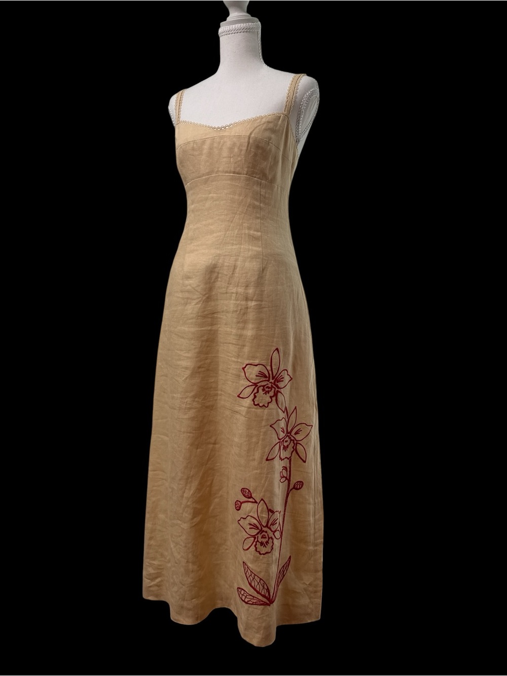 Reformation Cream Midi Slip Dress with Red Floral Embroidery - Picture 4 of 13